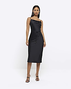 Black cowl neck slip midi dress | River Island