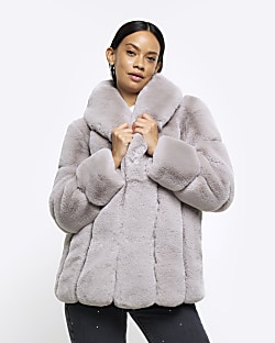 Dark grey outlet faux fur coat