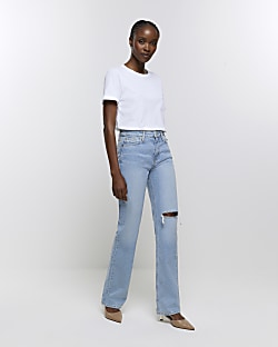 Blue high waist stove pipe straight leg jeans