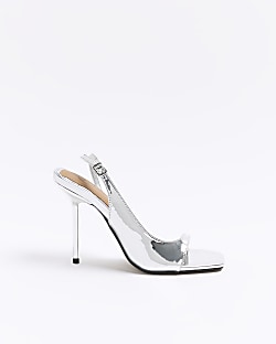 Silver asymmetric heeled sling back sandals River Island