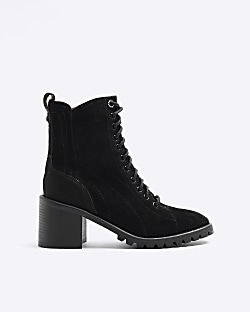 Black suede lace up heeled boots River Island