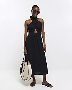 Black halter midi clearance dress