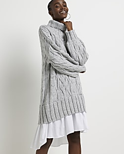 Beige cable knit mini jumper shirt dress River Island