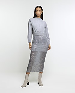 Black sequin skirt jumper midi dress River Island