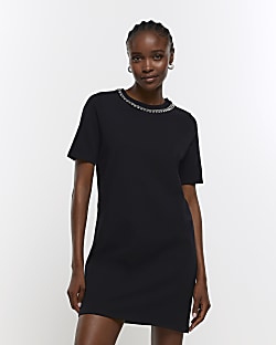 Black diamante trim t shirt mini dress