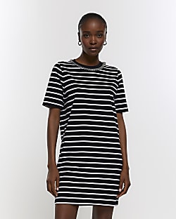 Jersey Mini T-Shirt Dress - Ivory and Black Stripe