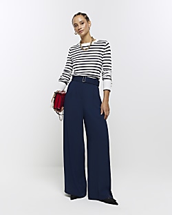 Blue and white striped wide hot sale leg trousers