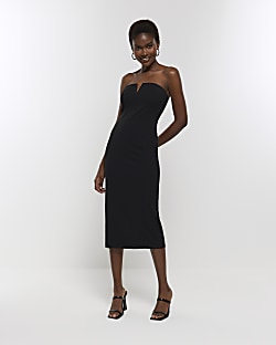 Black bandeau outlet bodycon midi dress