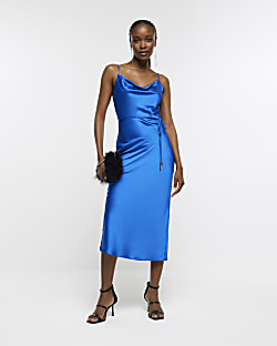 Blue silk best sale midi dress