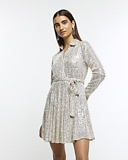 Black sequin tie waist mini shirt dress