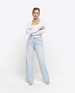 Petite High Rise Palazzo Jeans in Ecru