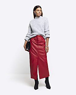 Mid length dark red clearance leather skirt