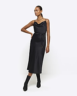 Black Satin Cowl Neck Midi Slip Dress– PinkBlush