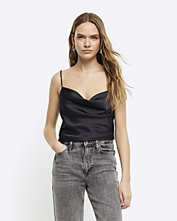 ONLY Strappy Cowl Neck Satin Cami Vest Top in Black  One Nation Clothing  ONLY Strappy Cowl Neck Satin Cami Vest Top in Black