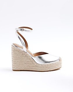 Silver espadrille heeled wedge sandals