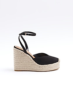 Black espadrille heeled wedge sandals