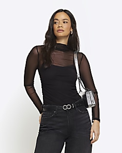 Pieces high neck mesh top in black marble