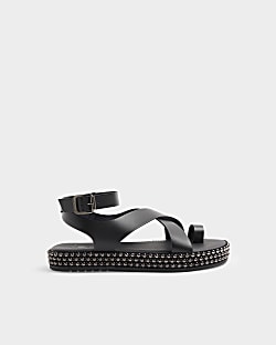 Black Leather Studded Flatform Sandals