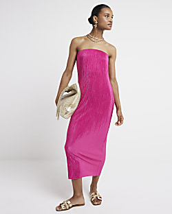 Pink Bandeau Plisse Cowl Back Midi Dress