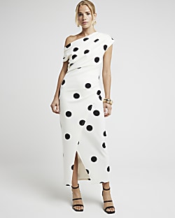 Cream spot drape bodycon midi dress