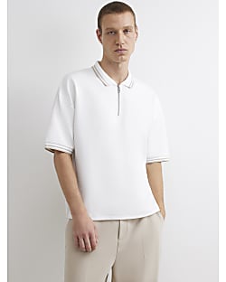 White Boxy Fit Zip Waffle Knit Polo Shirt