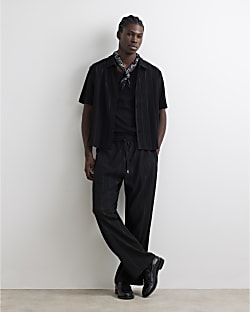 Black Wide Leg Plisse Joggers