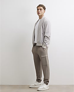Beige Slim Fit Waffle Cargo Joggers