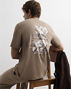Brown Regular Fit Cotton Floral T-Shirt