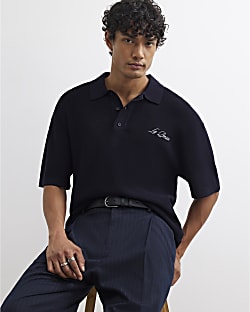Navy Boxy Fit Embroidery Polo Shirt