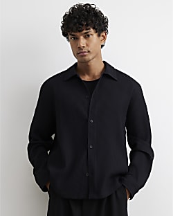 Black Boxy Fit Long Sleeve Plisse Shirt