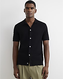 Black Slim Fit Knitted Button Through Shirt