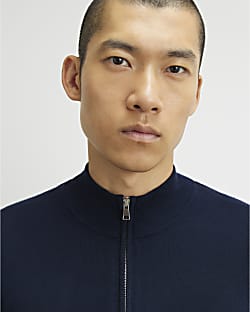 Navy Slim Fit Zip Trough Jumper