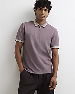 Purple Slim Fit Zip Neck Waffle Polo Shirt