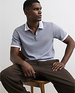 Blue Slim Fit Zip Neck Waffle Polo Shirt