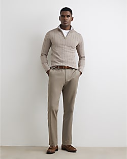 Beige Muscle Fit Half Zip Jumper