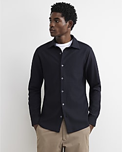 Navy Muscle Fit Textured Long Sleeve Shirt