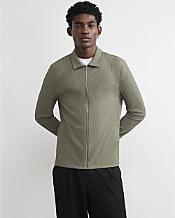 Khaki Muscle Fit Ribbed Overshirt