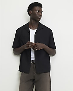 Black Regular Fit Waffle Textured Shirt