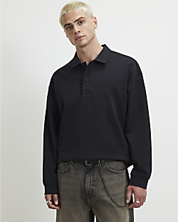 Navy Oversized Fit Quarter Button Polo Shirt