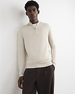 Cream Slim Fit Half Zip Jumper
