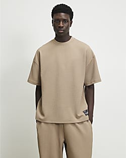 Beige Oversized Fit Waffle Textured T-Shirt
