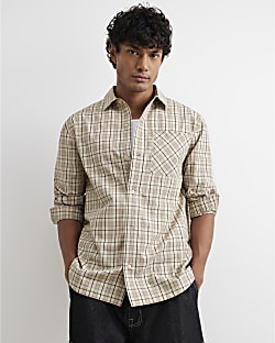 Beige Oversized Fit Cotton Check Shirt