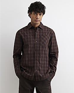 Brown Oversized Fit Cotton Check Shirt