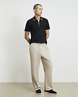Black Slim Fit Tipped Cotton Zip Polo Shirt