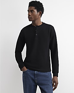 Black Regular Fit Henley Neck T-Shirt