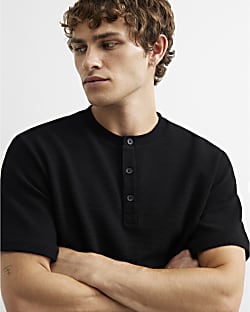 Black Regular Fit Cotton Henley Neck T-Shirt