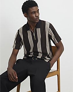 Brown Slim Fit Stripe Zip Textured Polo Shirt