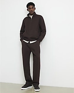 Brown Regular Fit Cotton Half Zip Sweatshirt