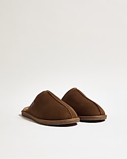 Brown Fur Lined Slip On Mule Slippers