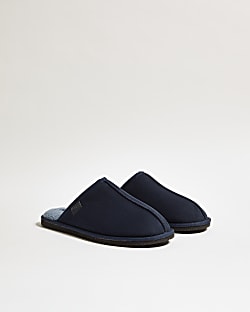 Navy Fur Lined Slip On Mule Slippers